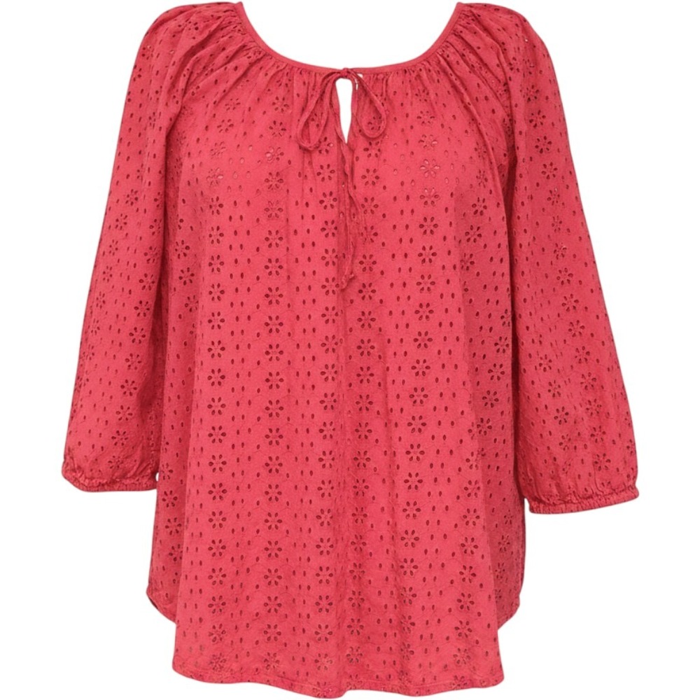 (B6) Chaps Women XL Pink Red Eyelet Peasant Blouse Long Sleeve Cotton Tie Top